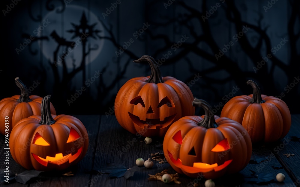 Smiling jack-o'-lanterns glow orange against a dark wooden background, perfect for Halloween decorations and spooky celebrations.
Smiling jack-o'-lanterns glow orange against a dark wooden background, perfect for Halloween decorations and spooky celebrations.