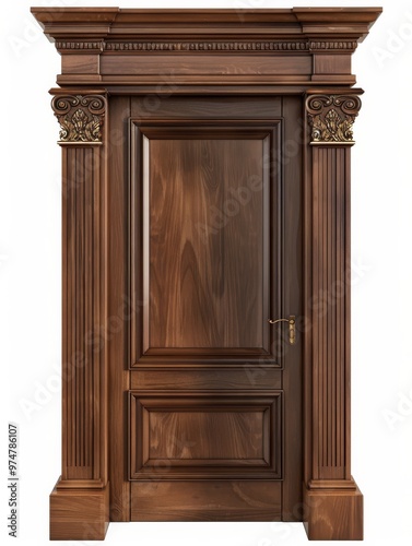 Elegant Wooden Door With Classical Columns Showcasing Intricate Design Details