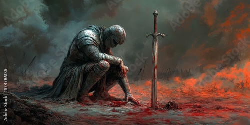 A defeated knight kneels in blood, sword planted. photo