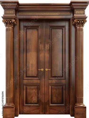 Elegant Wooden Door With Classical Columns Showcasing Intricate Design Details