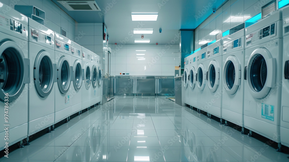 Washing machines placed in a clean organized neat utility laundry room or washing service room interior front view shot as wide banner mockup design with copy space area Washing machines placed in a clean organized neat utility laundry room or washing service room interior front view shot as wide banner mockup design with copy space area