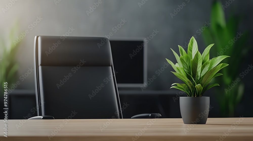Fototapeta premium Modern office workspace featuring a black chair and a decorative plant on a wooden desk, perfect for promoting productivity.