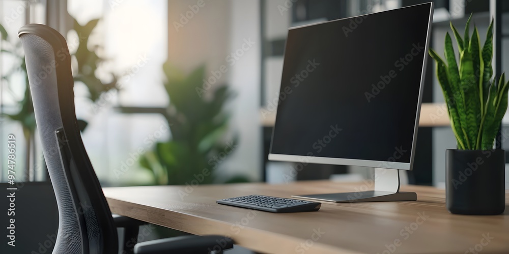 Modern office workspace featuring a computer, comfortable chair, and green plants, creating a fresh, motivating environment. Modern office workspace featuring a computer, comfortable chair, and green plants, creating a fresh, motivating environment.