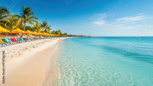 A stunning beach scene with clear turquoise water, palm trees, and colorful chairs on a sandy shore under a bright blue sky.