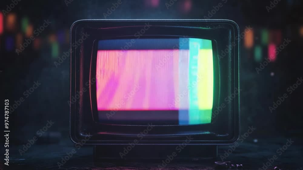A vintage TV emits vibrant static colors in a dimly lit space, evoking feelings of nostalgia and creativity