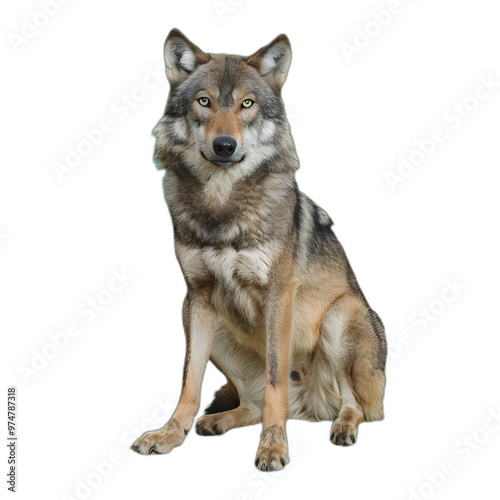 Young Wolf Sitting Patiently with Attentive Eyes and Calm Posture, Isolated on Transparent Background, Detailed Fur and Soft Lighting, Ultra-Detailed 8K