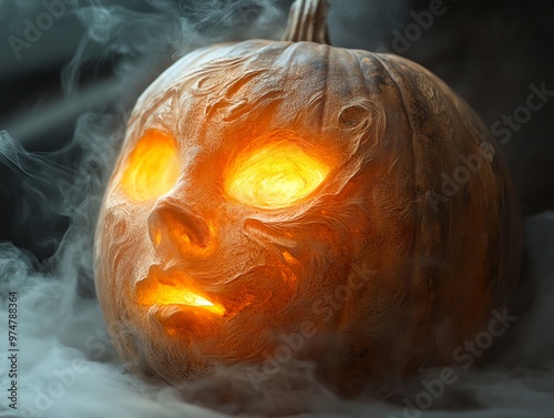 Carved pumpkin with a spirit s face, glowing softly, surrounded by swirling mist and shadows photo