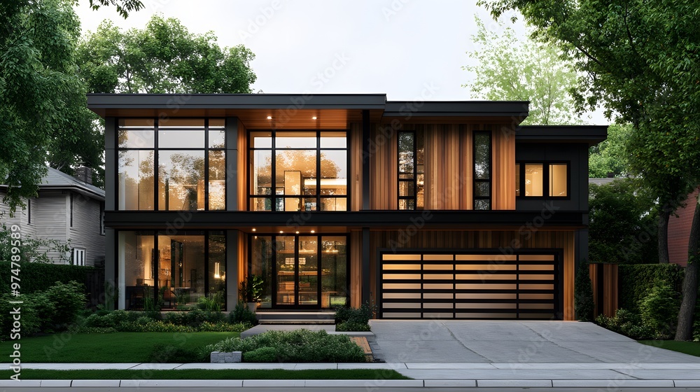 Modern two-story house with large windows, a black garage door, and wood accents Modern two-story house with large windows, a black garage door, and wood accents