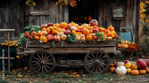 Pumpkin wagon filled with harvest vegetables, rustic farm setting, warm and cozy photo