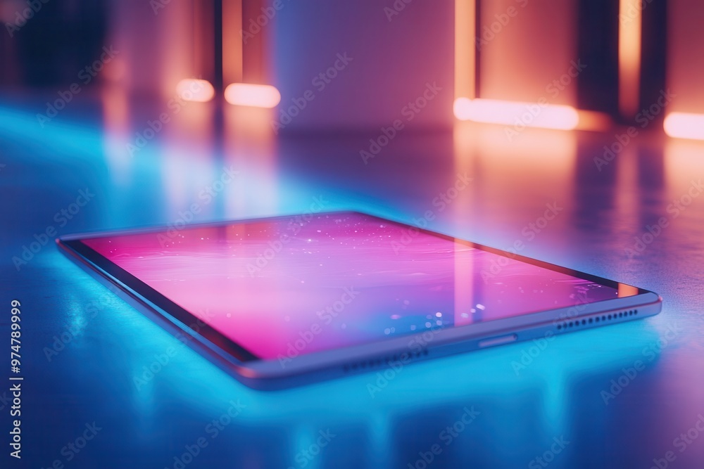 sleek tablet device with brushed aluminum finish floating in minimalist space futuristic holographic display subtle reflections and cool blue lighting hightech product visualization sleek tablet device with brushed aluminum finish floating in minimalist space futuristic holographic display subtle reflections and cool blue lighting hightech product visualization
