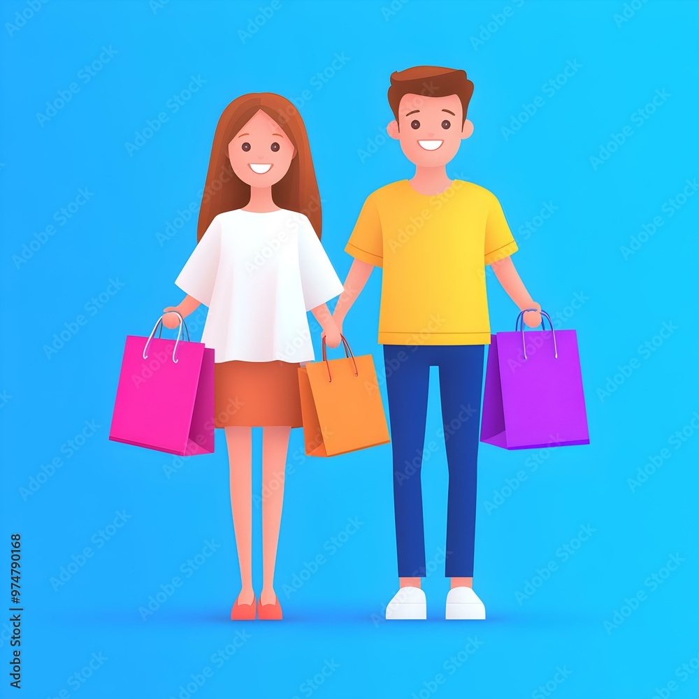 Joyful couple, vibrant shopping bags in hand, urban setting, showcasing love and excitement in a bustling marketplace Joyful couple, vibrant shopping bags in hand, urban setting, showcasing love and excitement in a bustling marketplace