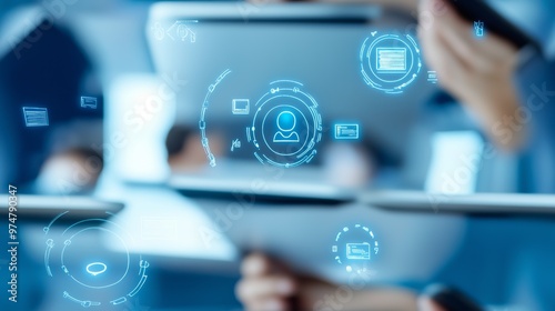 Blurred image of a person using a tablet with digital icons representing data and connections.