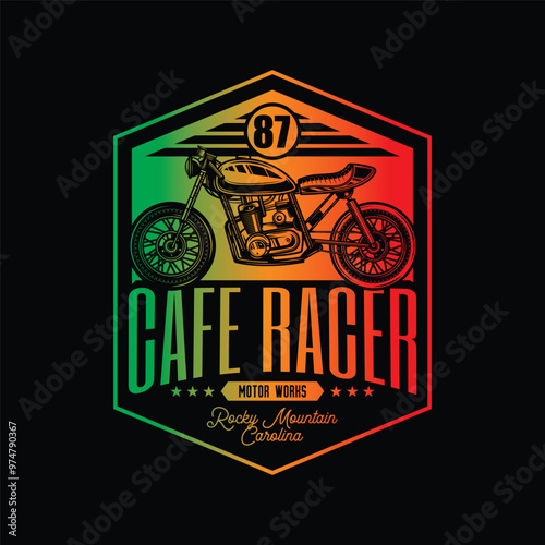 Cafe racer custom motorcycle. Original vector illustration in vintage style isolated on black background. T-shirt design.