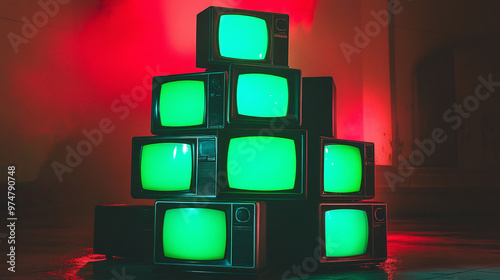 3d rendered stack of classical old televisions, aged green screen tv monitors, panorama vintage chrome key TVs, vintage video element cinematic red lighting composition dynamic scene photo