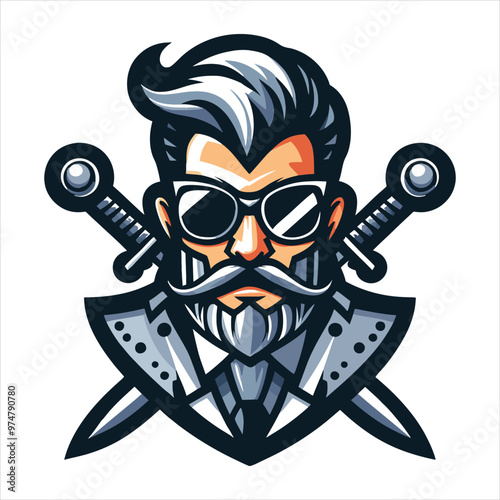 Bearded old warrior with two swords in a dark fantasy style vector portrait design