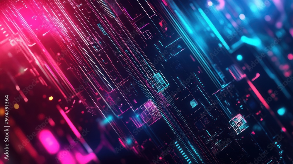 Describe an abstract technology background with geometric shapes and digital elements. Describe an abstract technology background with geometric shapes and digital elements.