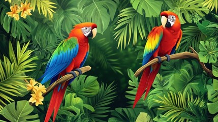 Crédence de cuisine  Design a tropical rainforest background featuring parrots amidst thick, green vegetation.  © Royal