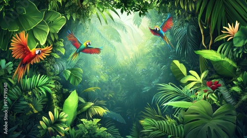 Create an image of a vibrant tropical rainforest with parrots flying and resting among the dense foliage. photo