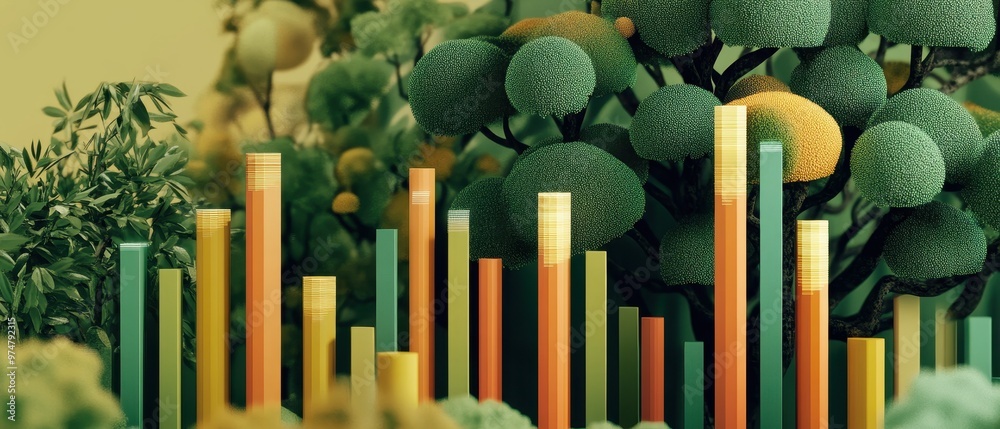 Dynamic Corporate Finance Concept with Abstract Bar Graphs and Greenery Representing Growth and Sustainability Dynamic Corporate Finance Concept with Abstract Bar Graphs and Greenery Representing Growth and Sustainability