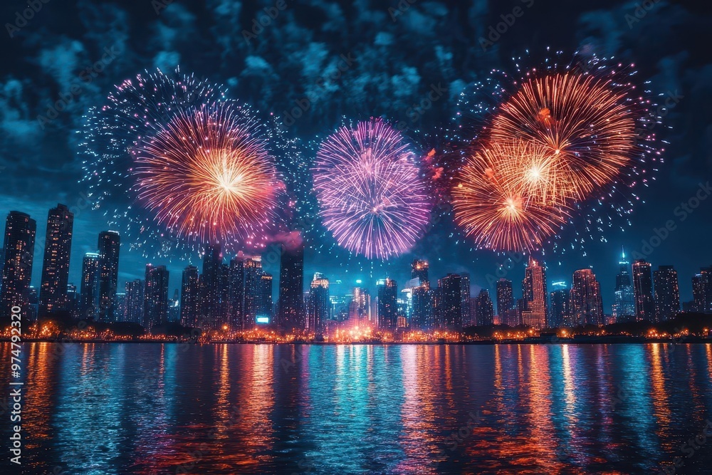 Fototapeta premium spectacular fireworks display over city skyline at night vibrant bursts of color reflecting in calm water creating festive and magical atmosphere for celebration