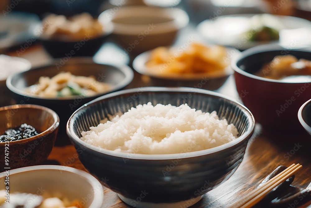 Steaming bowl of white rice served with variety of side dishes Steaming bowl of white rice served with variety of side dishes