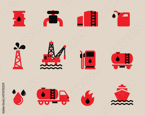 Oil industry, Oil and Gas editable icons set. Oil, gas, refinery, offshore platform, petroleum, lubricant, oil barrel and gas pump. Vector illustration