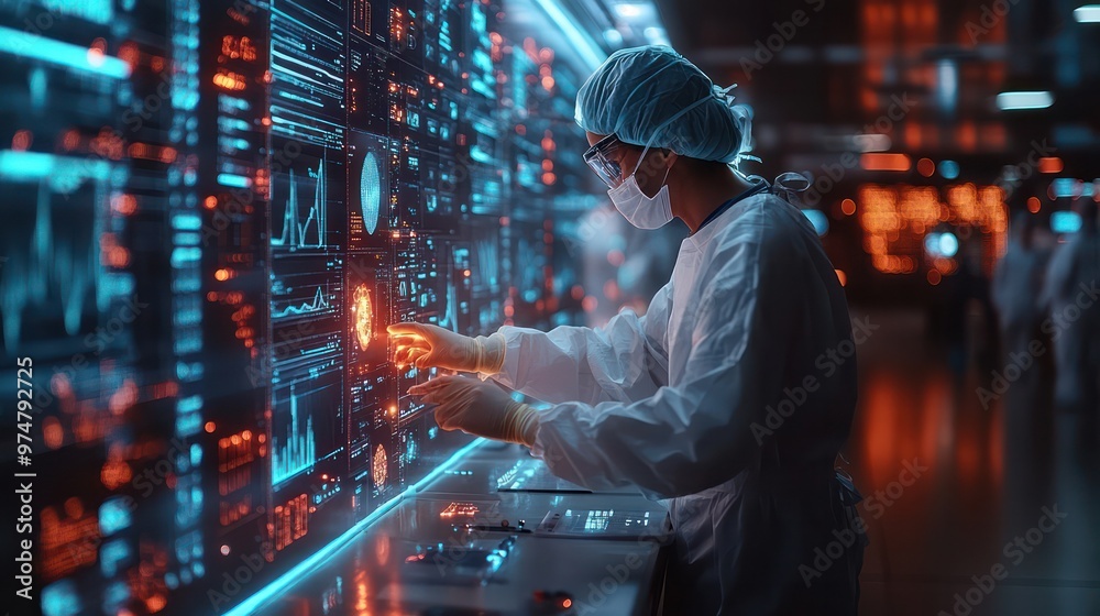 A futuristic animation of data analytics displayed above diverse surgeons, highlighting the connection between medical expertise and technological innovation in surgery. A futuristic animation of data analytics displayed above diverse surgeons, highlighting the connection between medical expertise and technological innovation in surgery.