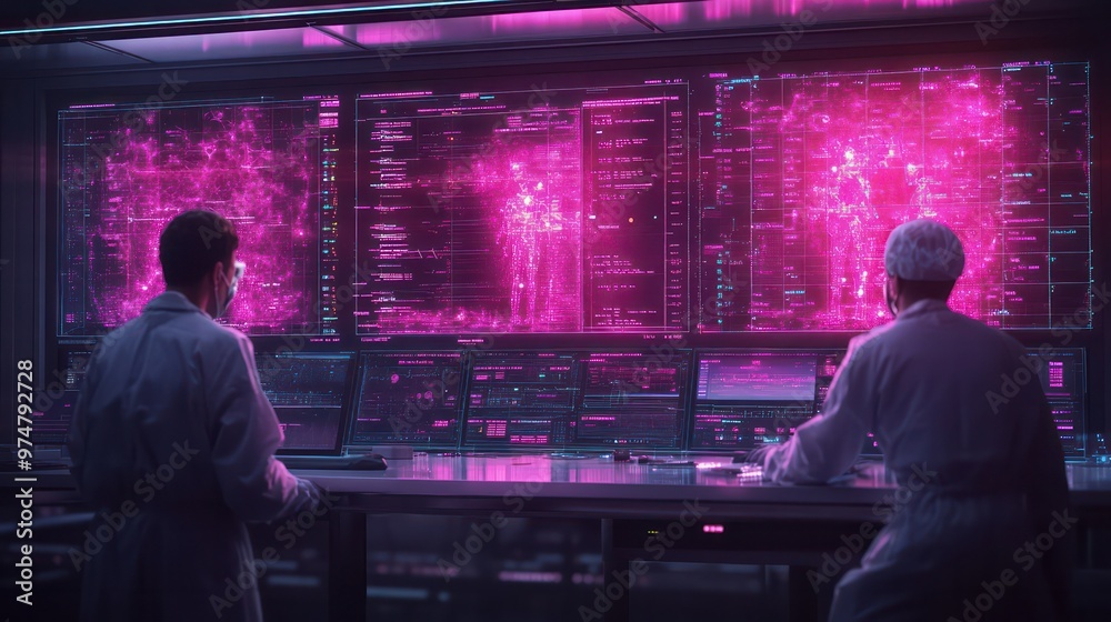 Fototapeta premium A futuristic animation of data analytics displayed above diverse surgeons, highlighting the connection between medical expertise and technological innovation in surgery.