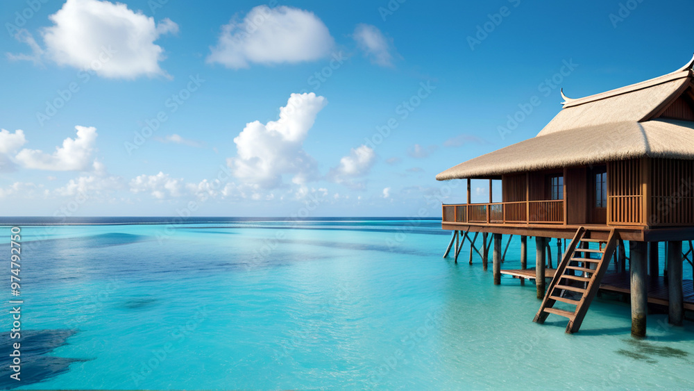beach hut, pool in tropical resort, pool in the maldives, beach with palm trees and sea
