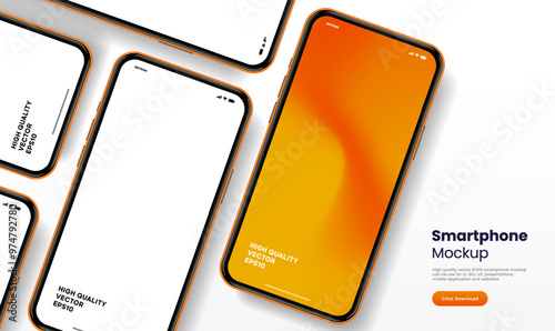 Realistic smartphone mockup. Mobile phone vector with isolated on white background. Device front view. 3D mobile phone with shadow. Realistic, high quality smart phone mockup for ui ux presentation.