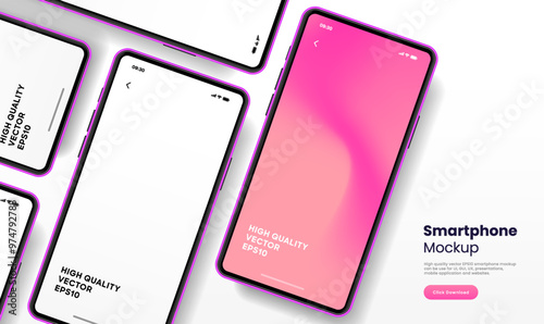 Realistic smartphone mockup. Mobile phone vector with isolated on white background. Device front view. 3D mobile phone with shadow. Realistic, high quality smart phone mockup for ui ux presentation.