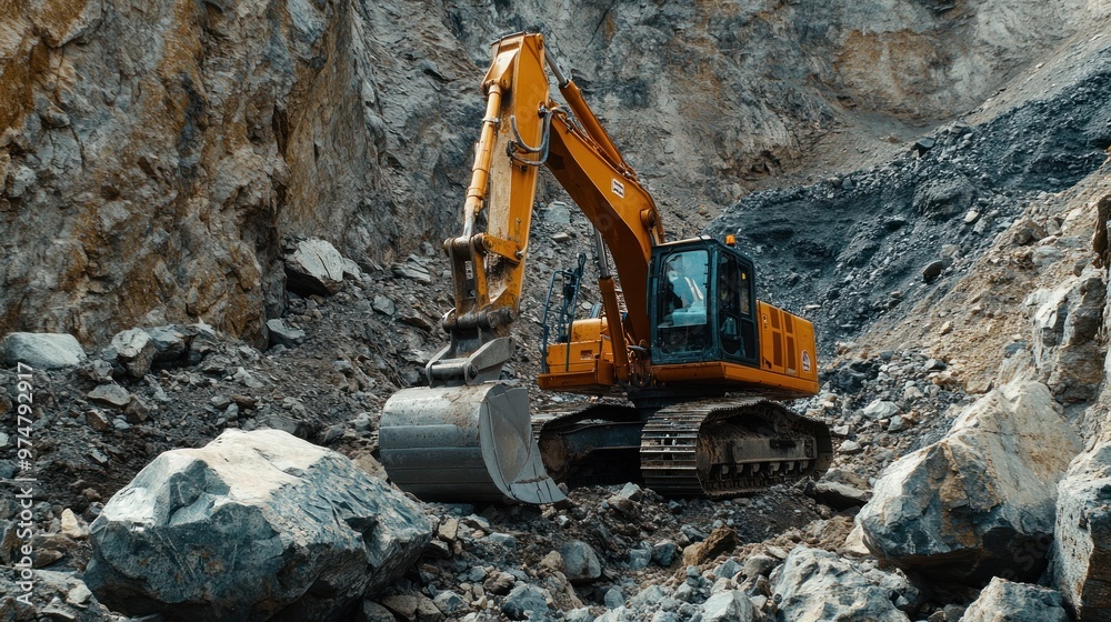 Close up of an Excavator on a rocky site, breaking through difficult terrain. Ai generated image Close up of an Excavator on a rocky site, breaking through difficult terrain. Ai generated image
