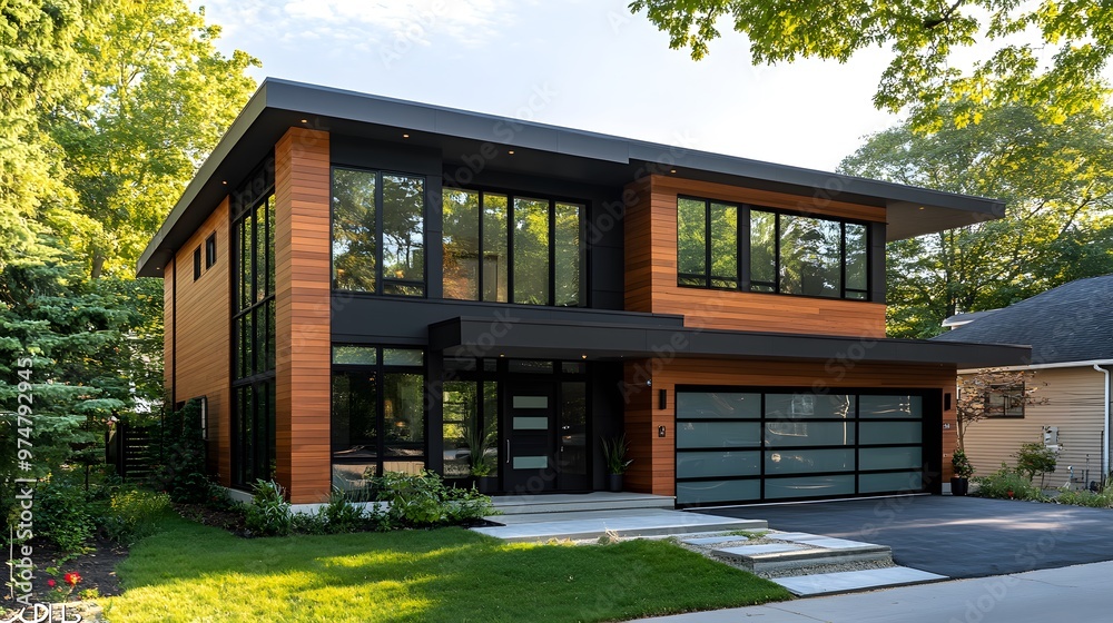 Modern two-story house with large windows, a black garage door, and wood accents Modern two-story house with large windows, a black garage door, and wood accents