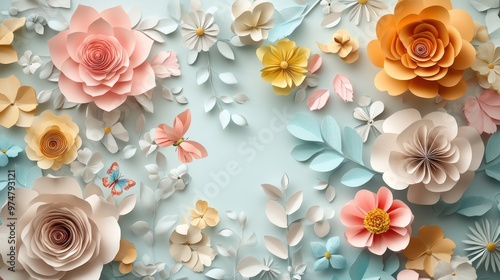 Design a 3D render with a horizontal floral pattern, featuring abstract paper cut flowers like roses, daisies, dahlias, butterflies, and leaves in pastel colors.