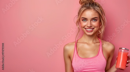 Smiling fit blonde woman makeup in a fitness sport wear with copy space, isolated pink background