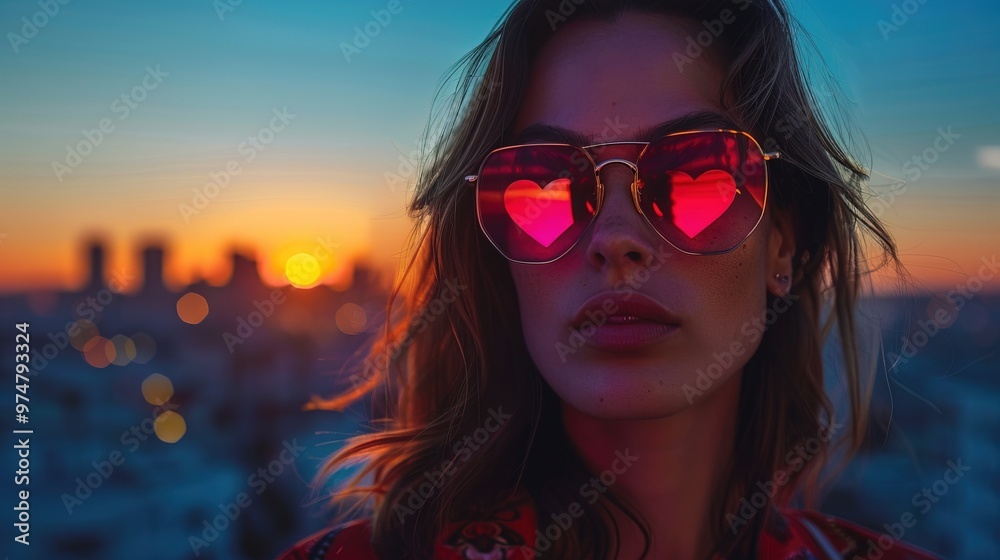 portrait of a woman with heart glasses city background portrait of a woman with heart glasses city background