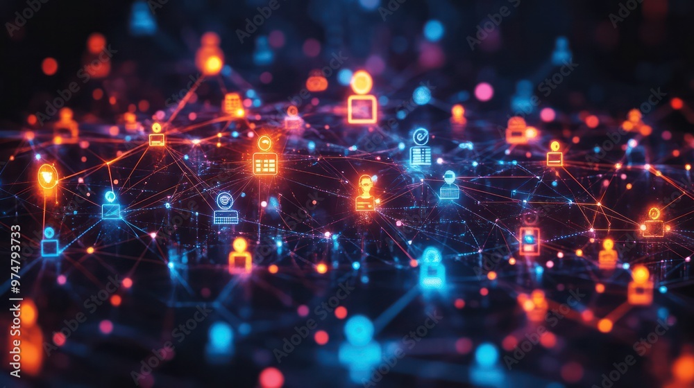 Obraz premium A freelance business network icon, featuring linked figures with digital elements, perfect for representing freelance collaboration.