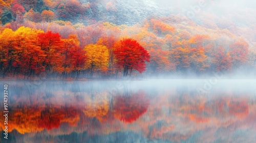 Serene autumn landscape with vibrant foliage reflecting in a misty lake.