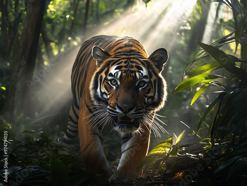 A majestic tiger prowls through a lush forest with sunlight streaming through the trees in the early morning hours