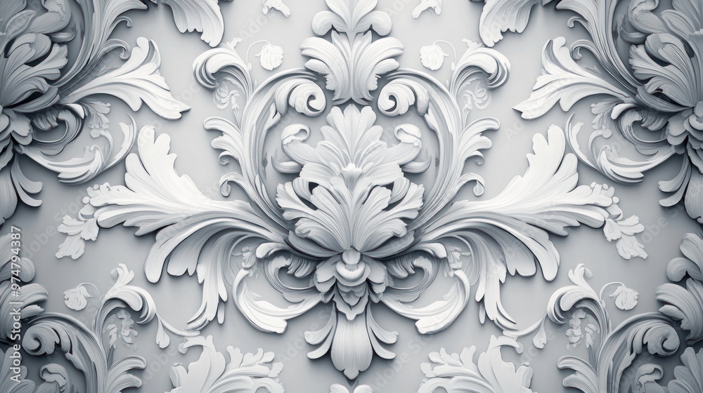 Create an image of a seamless Baroque-style wallpaper with white and grey floral patterns. Create an image of a seamless Baroque-style wallpaper with white and grey floral patterns.