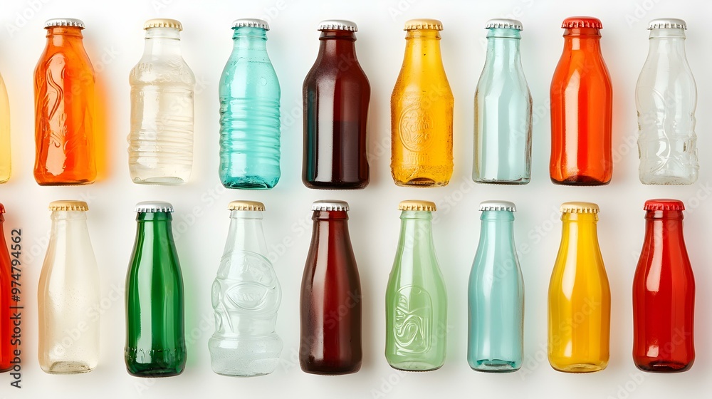 Colorful glass soda bottles lined up in neat rows, showcasing vibrant reflections and a playful assortment of hues and shapes. Colorful glass soda bottles lined up in neat rows, showcasing vibrant reflections and a playful assortment of hues and shapes.
