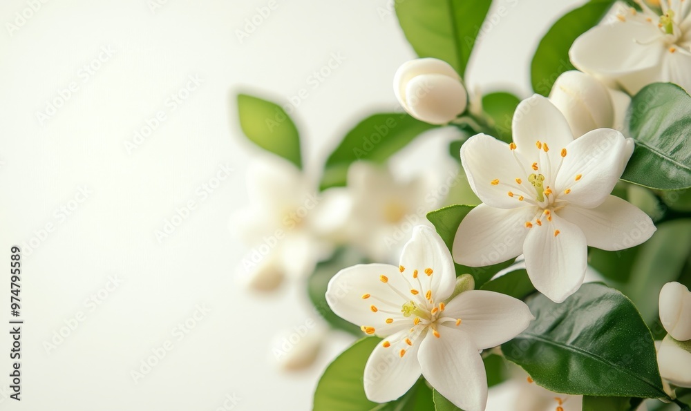Obraz premium Beautiful White Flowers With Yellow Centers Blooming on a Branch Against a Light Background