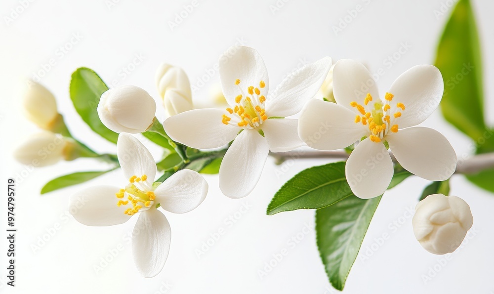 Obraz premium Beautiful White Flowers With Yellow Centers Blooming on a Branch Against a Light Background