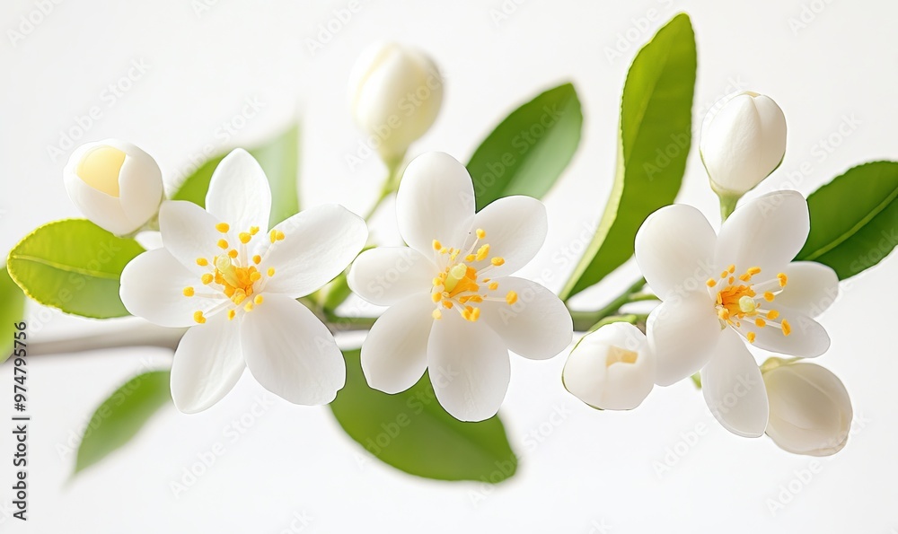 Obraz premium Beautiful White Flowers With Yellow Centers Blooming on a Branch Against a Light Background