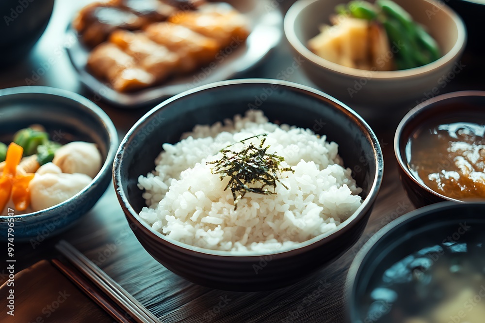 Bowl of rice being served with traditional japanese food Bowl of rice being served with traditional japanese food