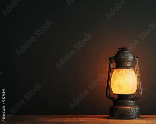 A rustic oil lamp with a weathered finish, isolated and casting a warm, flickering glow oil lamp, illumination, ambient rustic