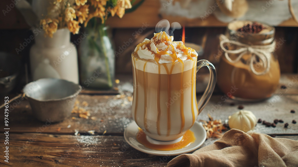 A cozy hot caramel latte with frothy milk, served in a glass mug with caramel drizzle on top. The background is a rustic kitchen with soft morning light and vintage decor. A cozy hot caramel latte with frothy milk, served in a glass mug with caramel drizzle on top. The background is a rustic kitchen with soft morning light and vintage decor.