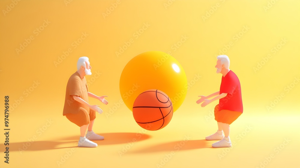 Fototapeta premium Retro basketball scene featuring vintage characters engaged in a lively game on an outdoor court, showcasing classic attire and spirited camaraderie