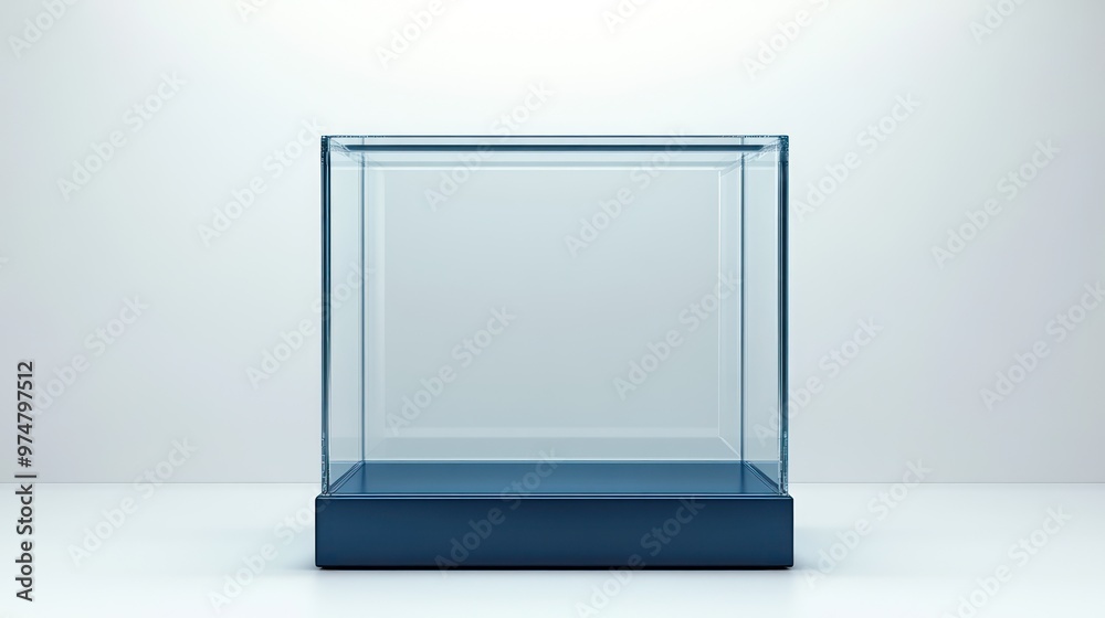 Illustrate an empty glass case with a blue base, suitable for displaying products, awards, or collectibles. Perfect for online stores and marketing materials. Illustrate an empty glass case with a blue base, suitable for displaying products, awards, or collectibles. Perfect for online stores and marketing materials.