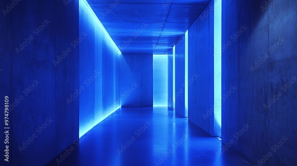 A modern corridor illuminated by blue light, featuring sleek concrete walls and a minimalistic design. Perfect for ambiance. A modern corridor illuminated by blue light, featuring sleek concrete walls and a minimalistic design. Perfect for ambiance.